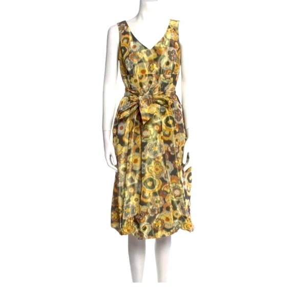 Lafayette 148 New York Yellow Retro Floral Geometric Print Bubble Hem Dress - Picture 1 of 6